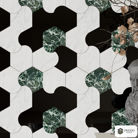Prezio Stone Organic Interlock Waterjet Mosaic, Verde and Calacatta Marble - installed application
