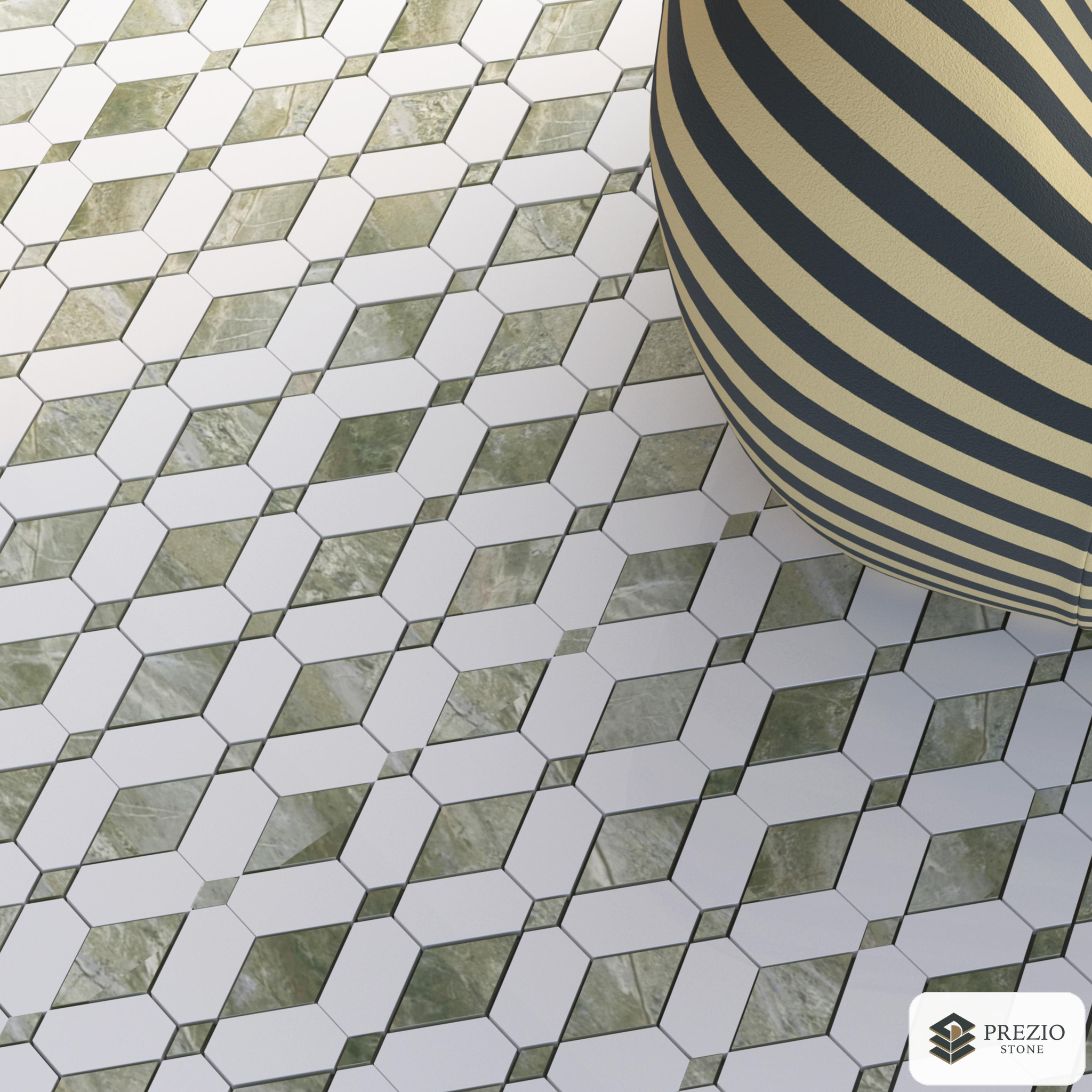 Prezio Stone Cube Lozenge Waterjet Mosaic with Brass Dots, Calacatta, Verde, and Nero Marble - installed application