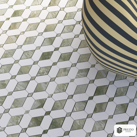 Prezio Stone Cube Lozenge Waterjet Mosaic with Brass Dots, Calacatta, Verde, and Nero Marble - installed application