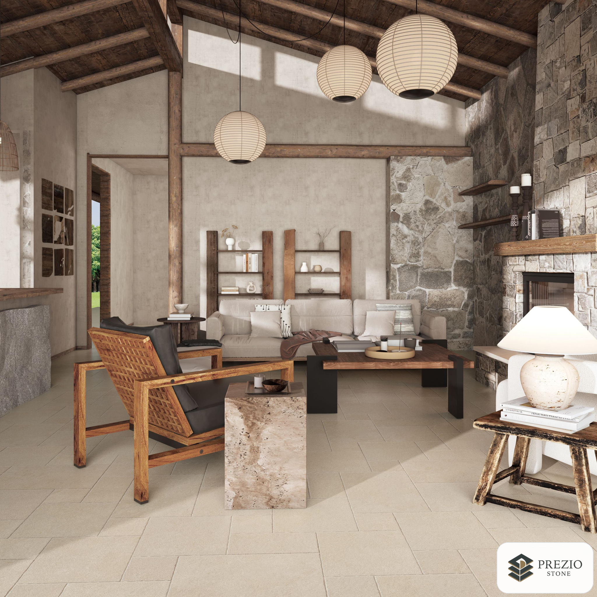 Prezio Stone Tavelle Limestone Look Porcelain Tile, Modular Set - installed application