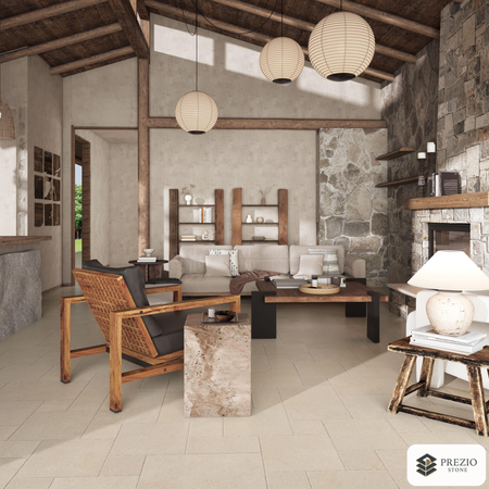 Prezio Stone Tavelle Limestone Look Porcelain Tile, Modular Set - installed application