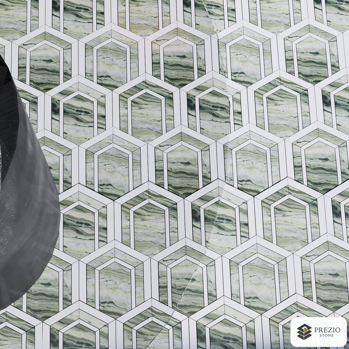 Prezio Stone Framed Hexagon Waterjet Mosaic, Verde and Navy Marble - installed application