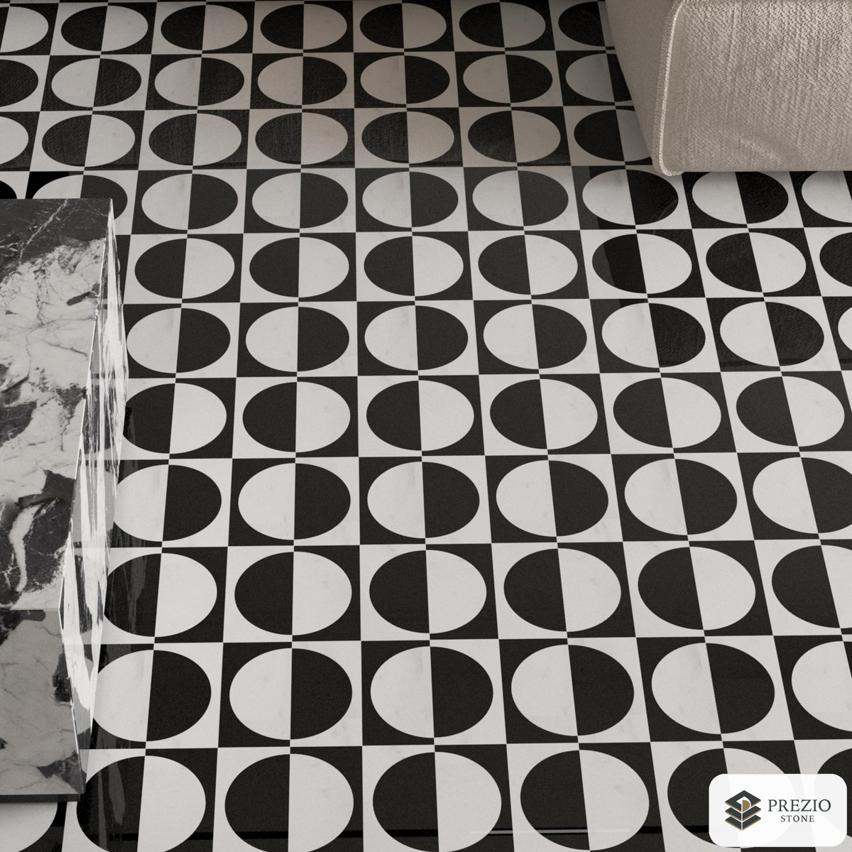 Prezio Stone Half Moon Checker Waterjet Mosaic, Marble in Three Checker Colorways - installed application