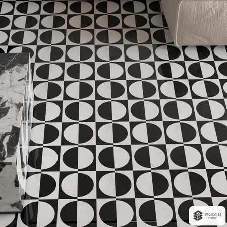 Prezio Stone Half Moon Checker Waterjet Mosaic, Marble in Three Checker Colorways - installed application