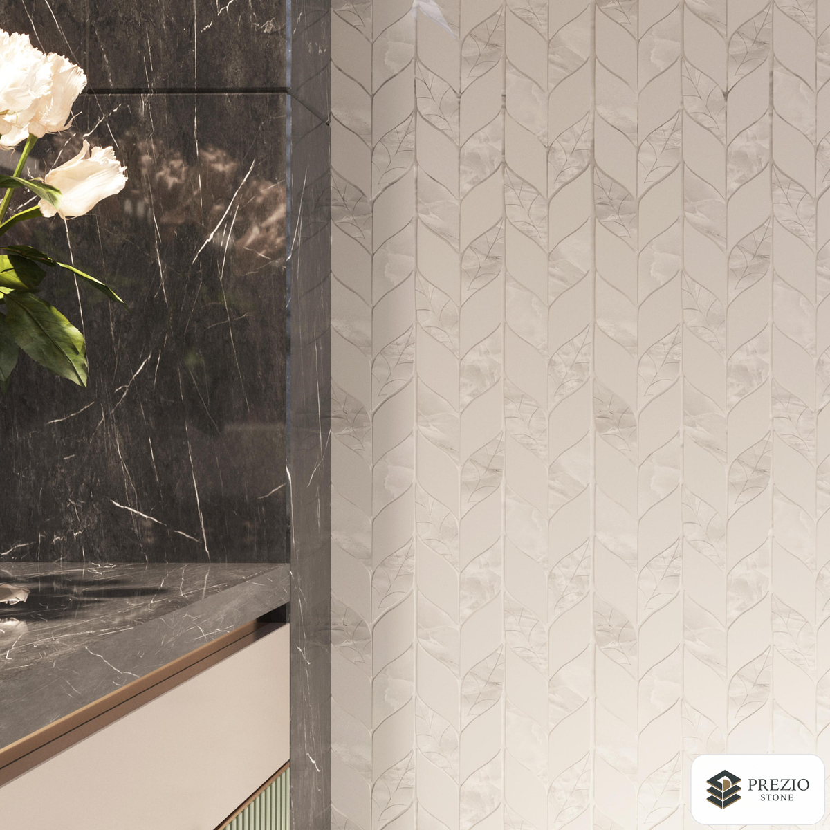 Prezio Stone Leaf Chevron Waterjet Mosaic, Jade, Calacatta, and Azul Marble - installed application