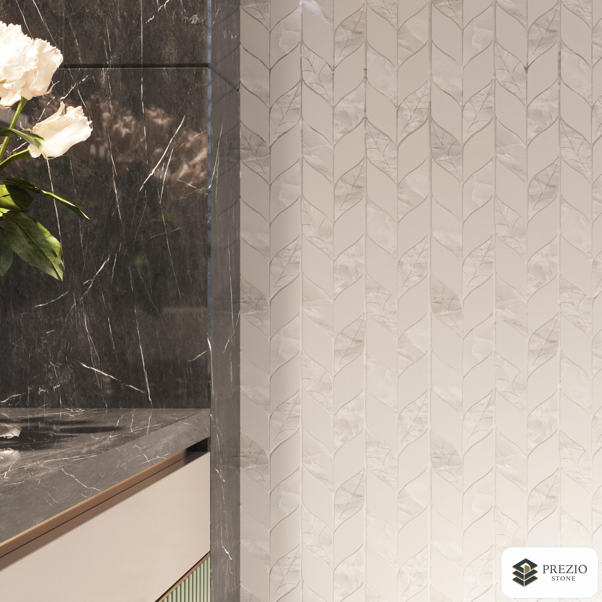 Prezio Stone Leaf Chevron Waterjet Mosaic, Jade, Calacatta, and Azul Marble - installed application