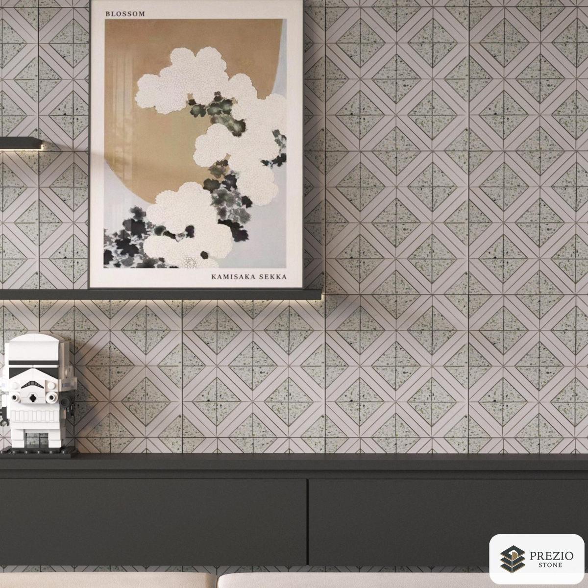 Prezio Stone Diamond Lattice Mosaic, Marble and Travertine Parquet Sheet - installed application