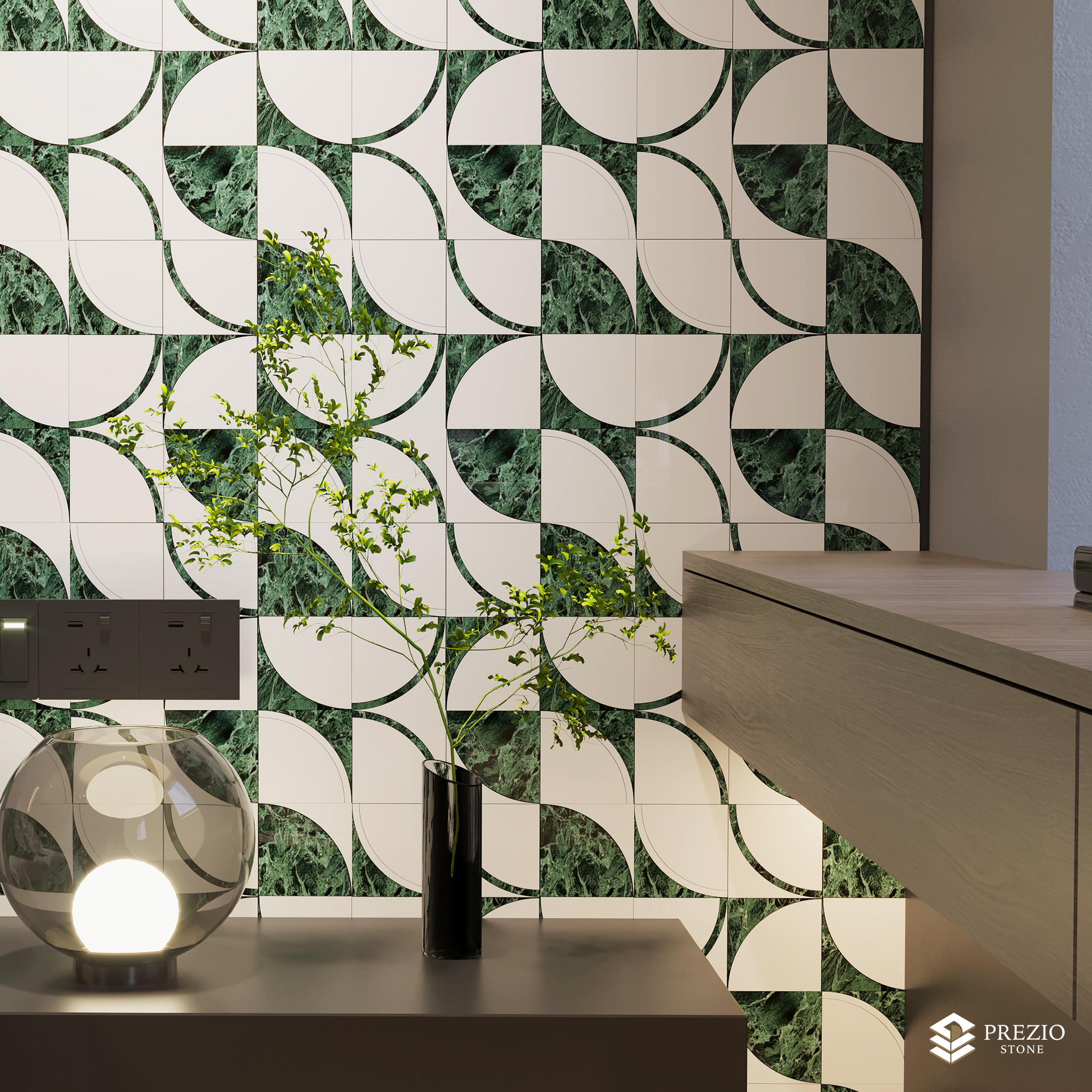 Prezio Stone Quadrant Fan Waterjet Mosaic, Green and Black Marble - installed application