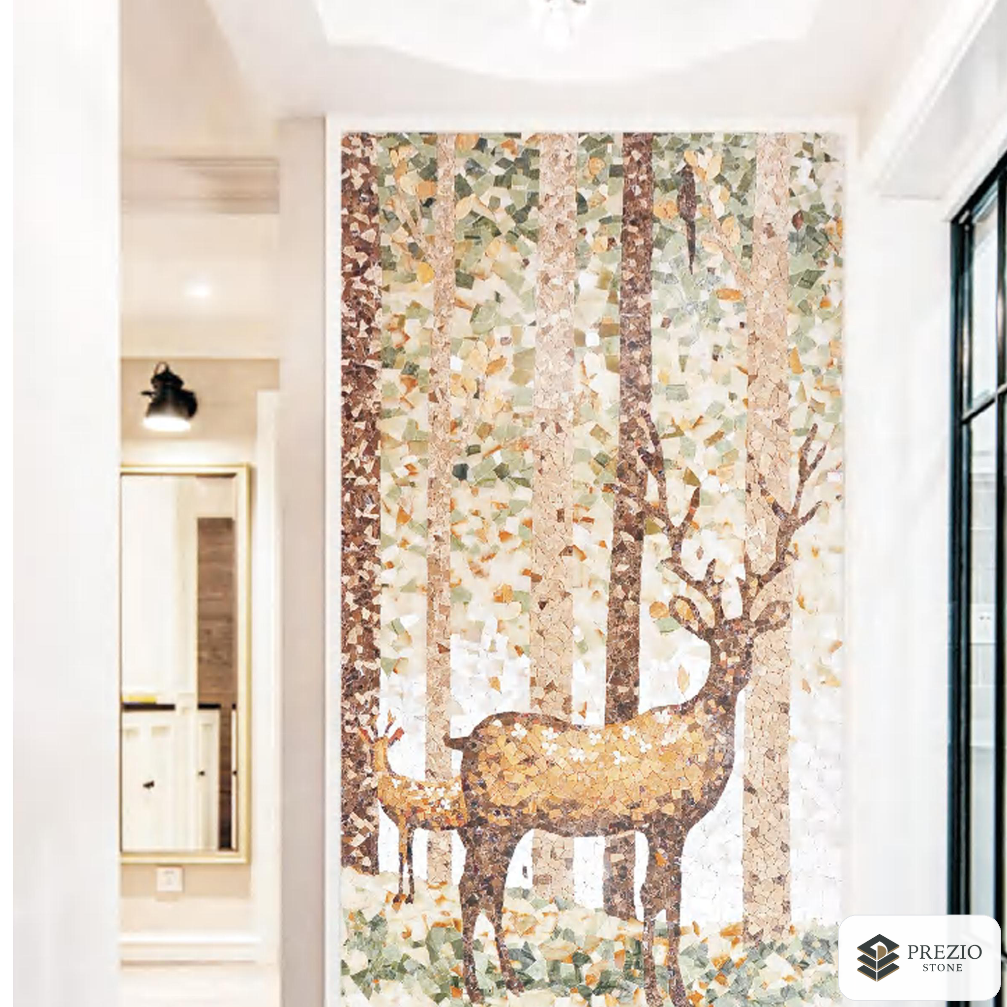 Prezio Stone Autumn Forest Mosaic Mural, Commissioned Stone Wall Art - installed application