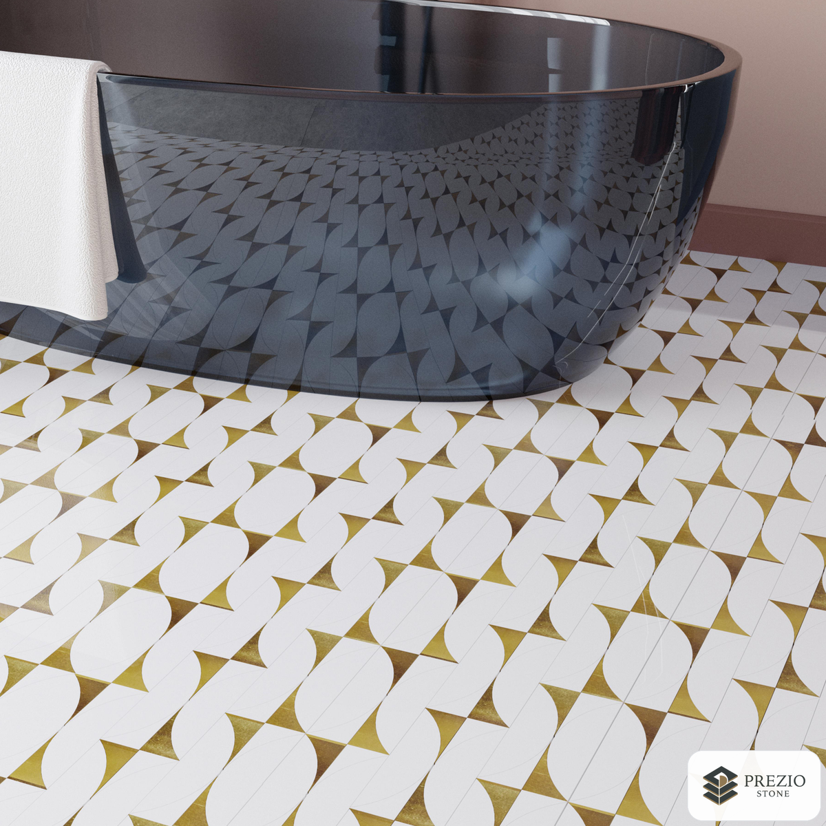 Prezio Stone Star and Pill Lattice Waterjet Mosaic with Brass Inlay, White Marble - installed application