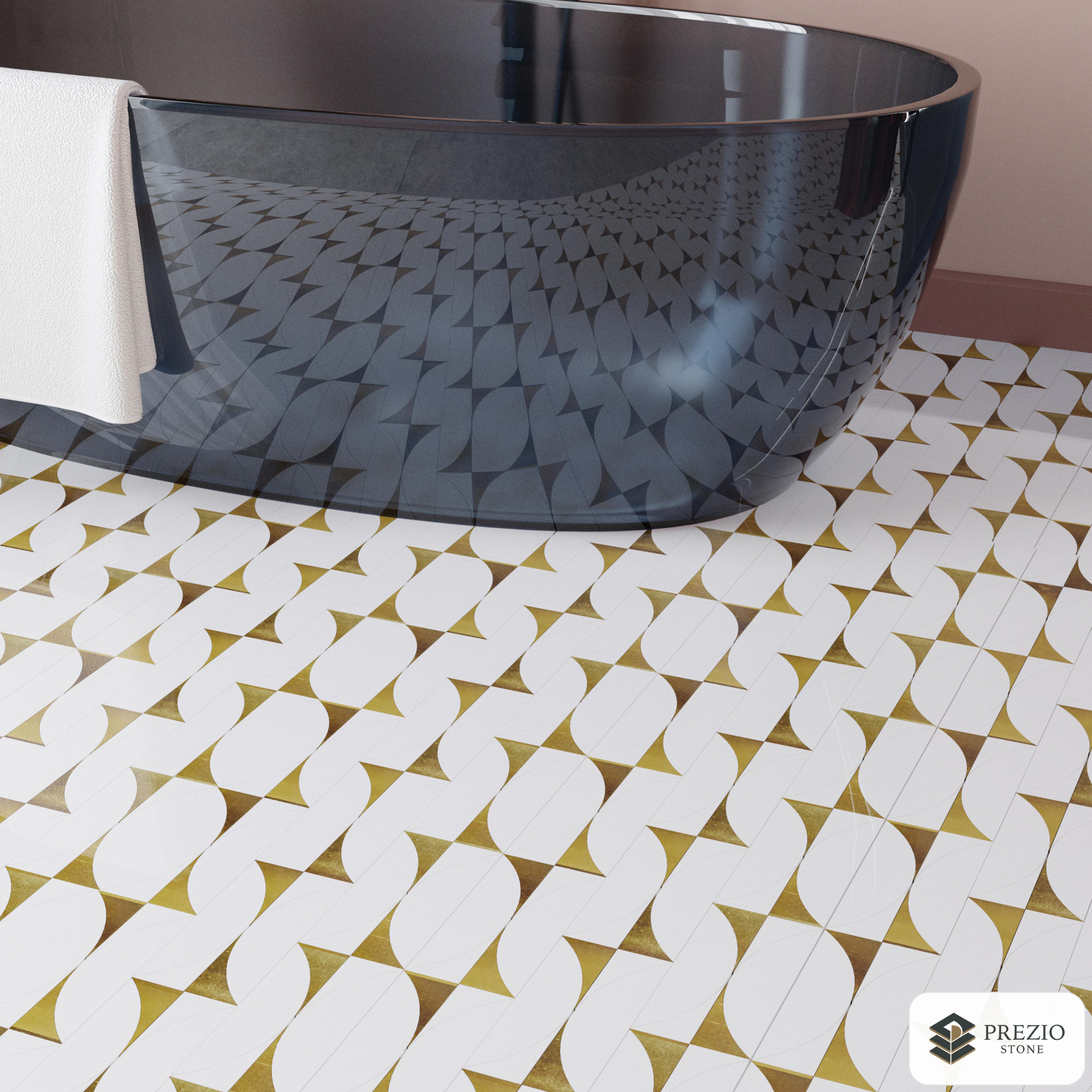 Prezio Stone Star and Pill Lattice Waterjet Mosaic with Brass Inlay, White Marble - installed application