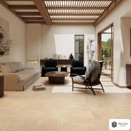 Prezio Stone Champagne Stone Limestone Look Porcelain Tile, Modular Set - installed application