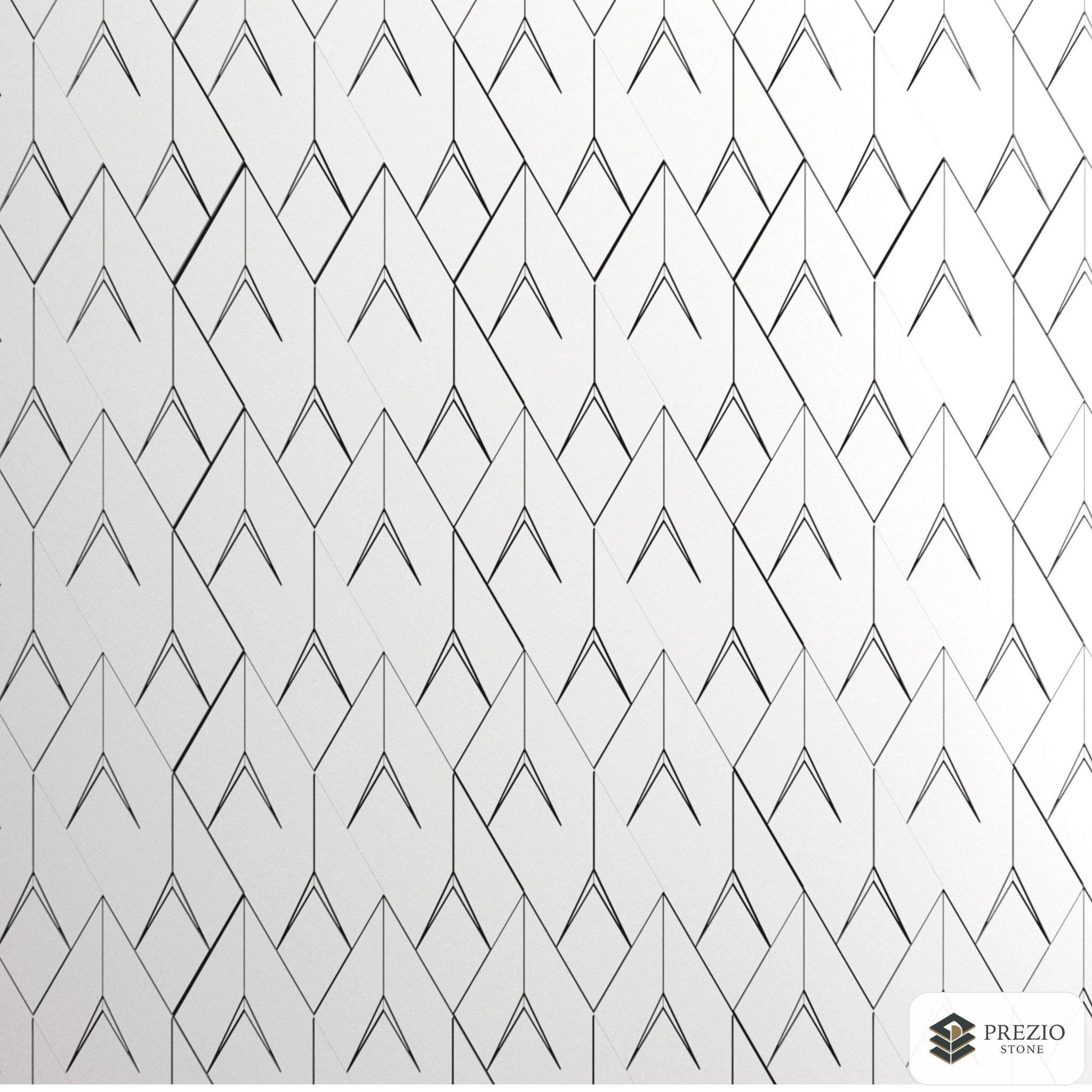 Prezio Stone Dimensional Rhombus Waterjet Mosaic, Marble with Metal Chevron Inlay - installed application