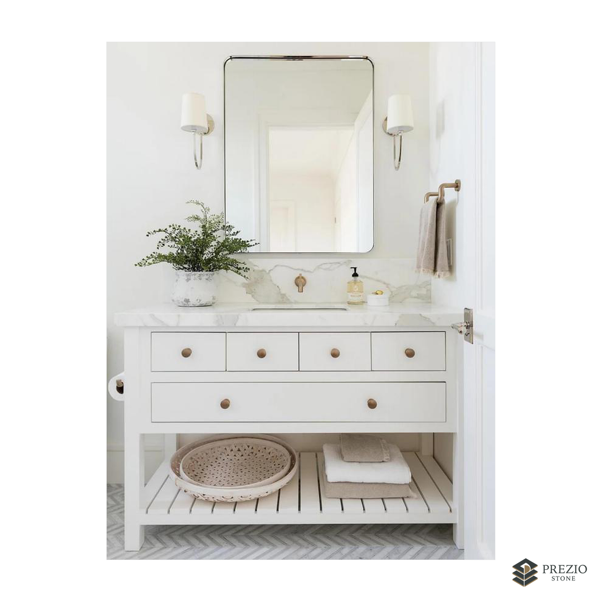 Prezio Stone Calacatta White Marble Slab Program - installed application