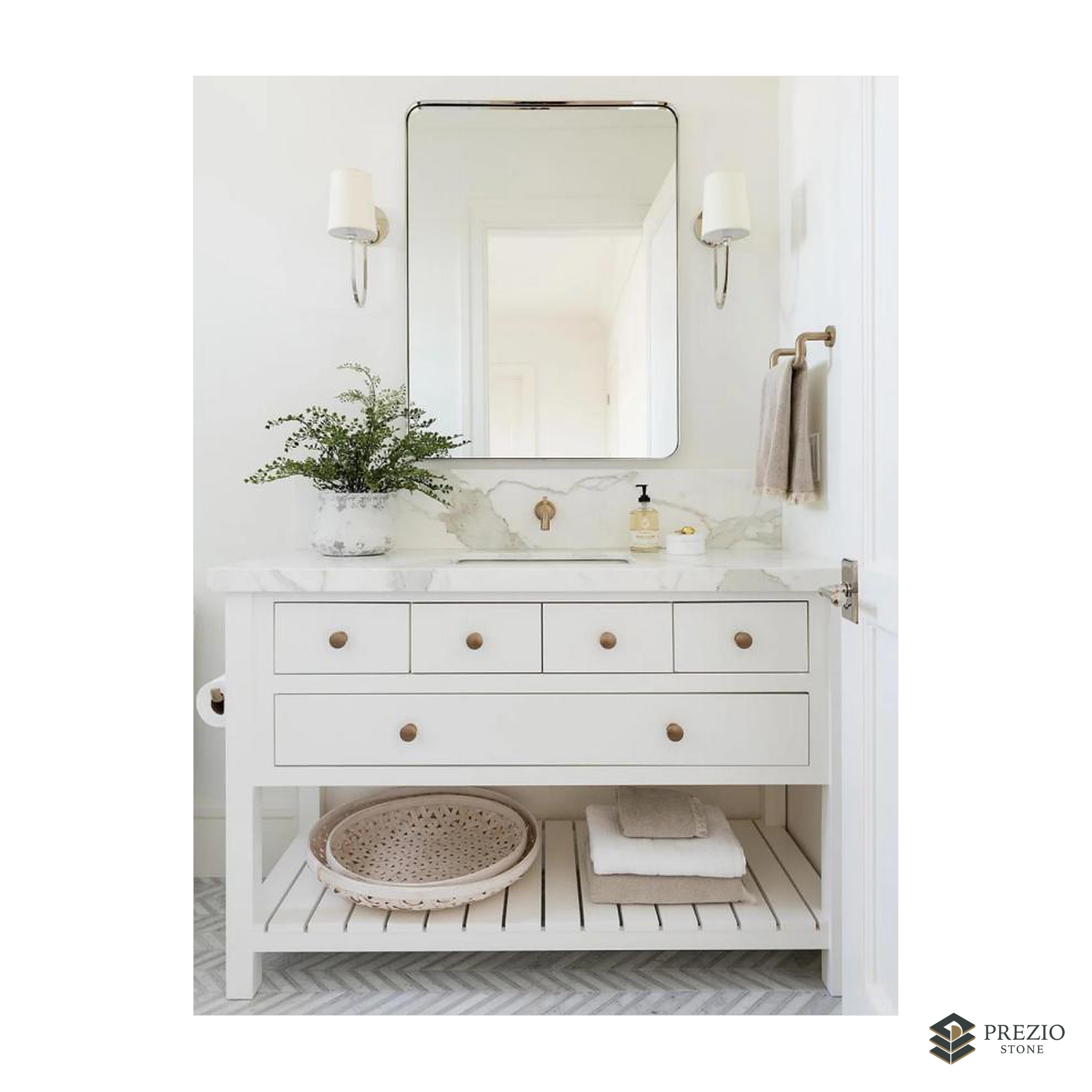 Prezio Stone Calacatta White Marble Slab Program - installed application