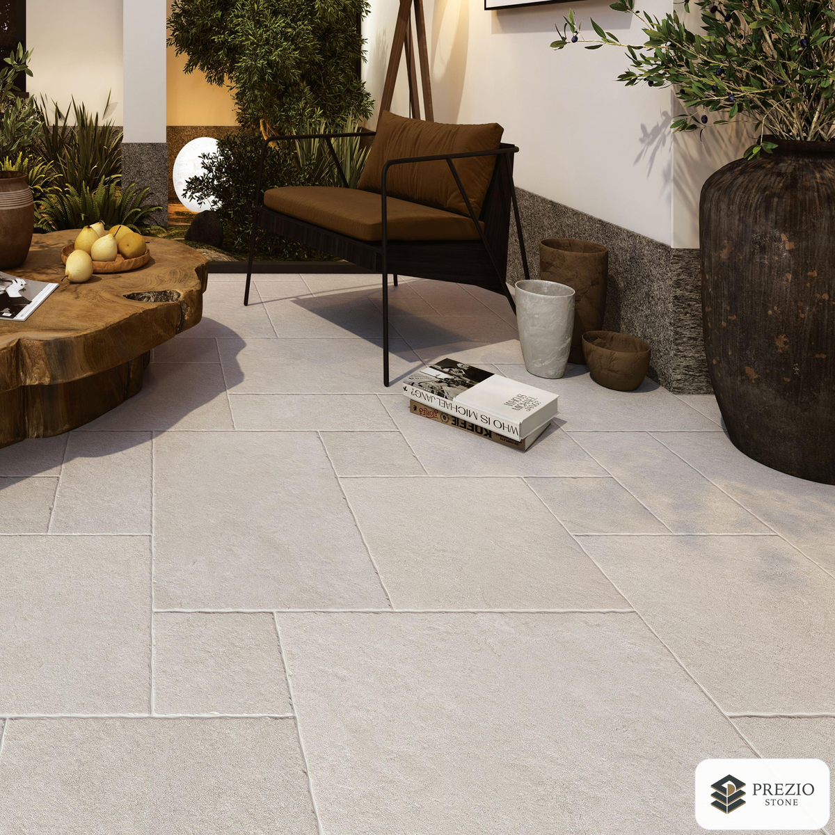Prezio Stone Burgundy Grey Limestone Look Porcelain Tile, Modular Set - installed application