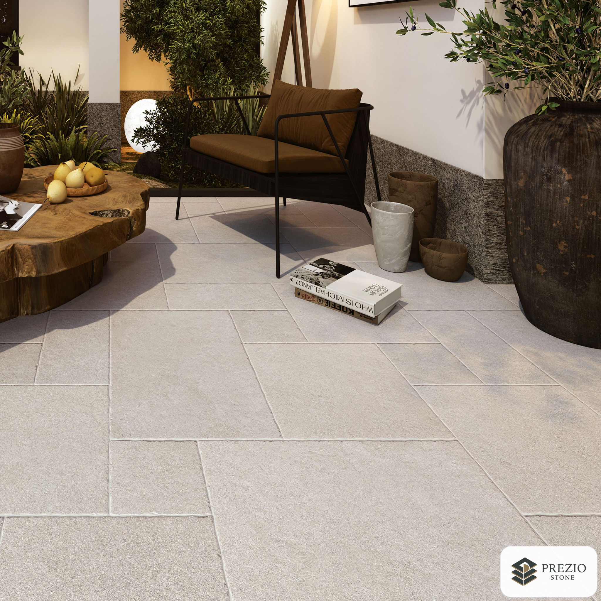 Prezio Stone Burgundy Grey Limestone Look Porcelain Tile, Modular Set - installed application