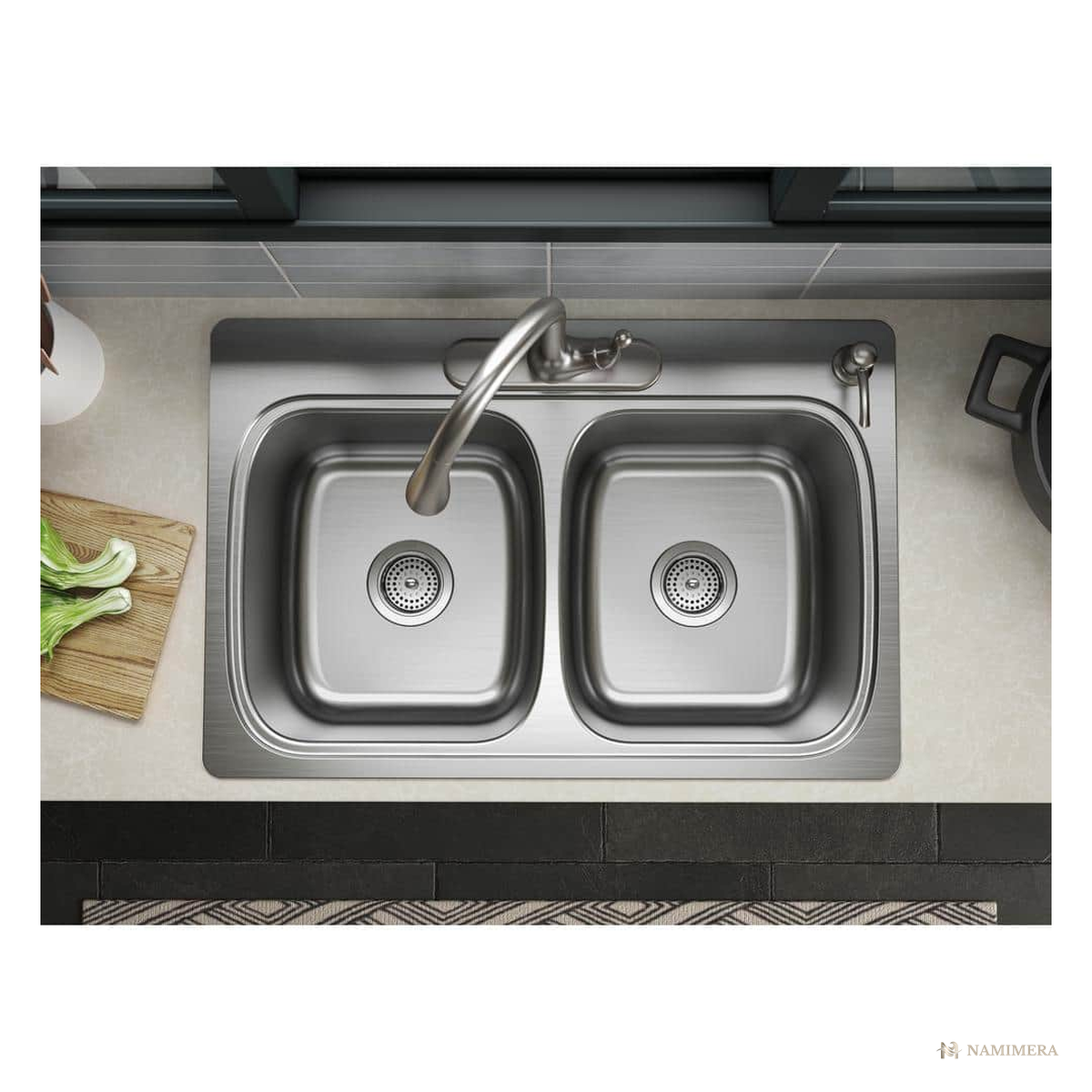 Namimera 33 in. Drop-In Double Bowl 18-Gauge Stainless Steel Kitchen Sink with 4 Faucet Holes - product view