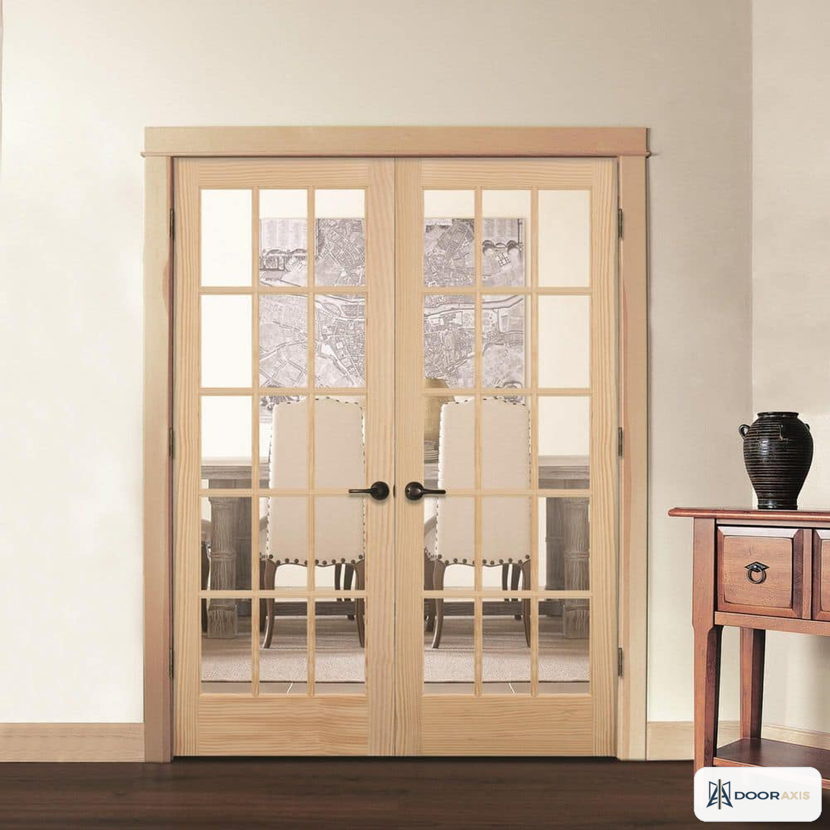 Door Axis 60 in x 80 in 15-Lite True Divided Clear Glass Unfinished Pine Double Prehung Interior French Door - installed view