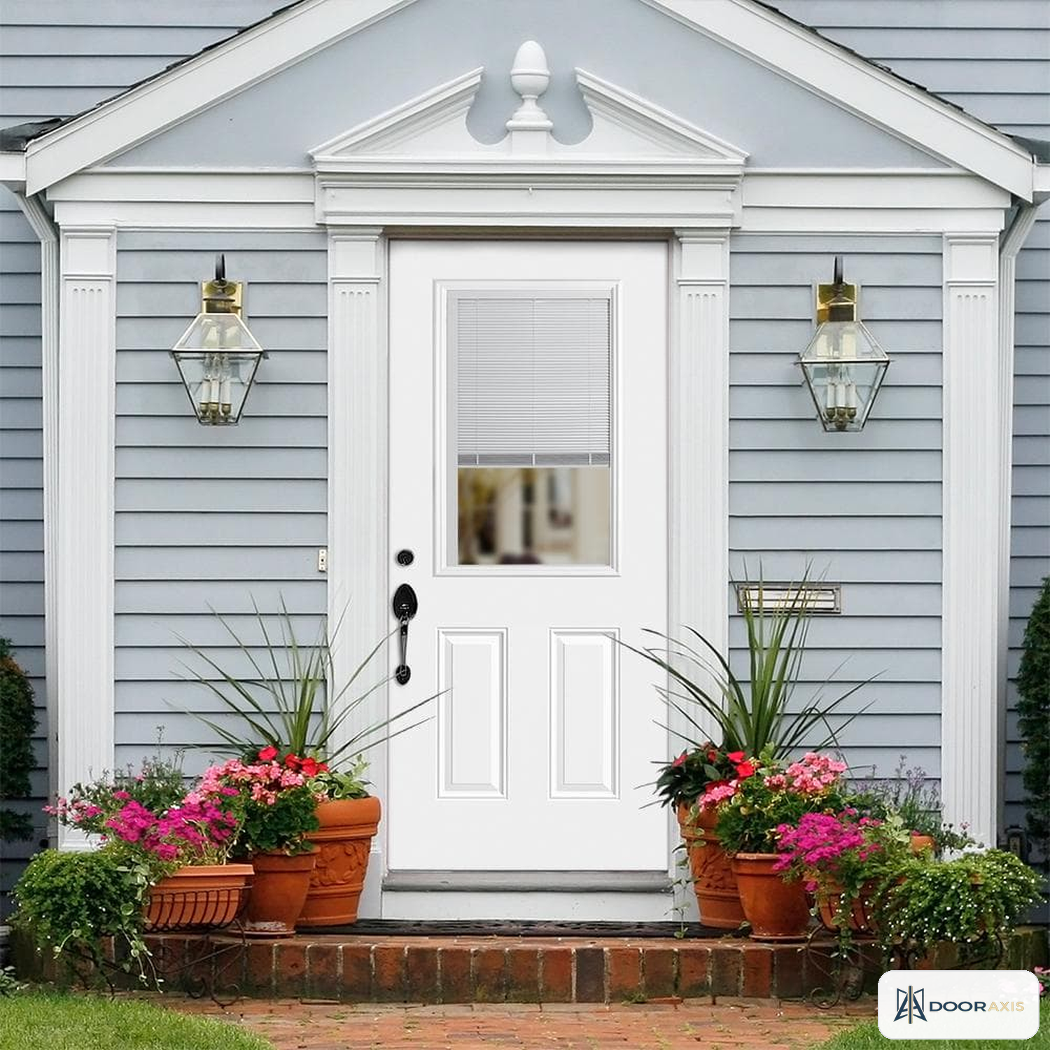 Door Axis 32 in x 80 in Half Lite Internal Blinds Steel Prehung Front Door with Brickmold - installed view