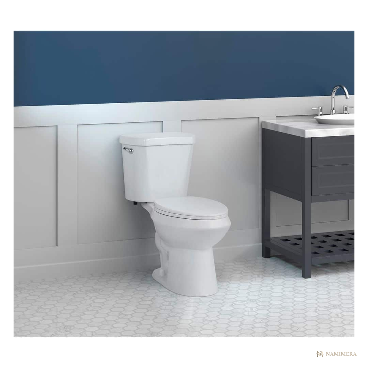 Namimera Two-Piece Elongated Toilet, 1.28 GPF Single Flush, 12 in. Rough-In, White - installed view