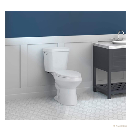 Namimera Two-Piece Elongated Toilet, 1.28 GPF Single Flush, 12 in. Rough-In, White - installed view