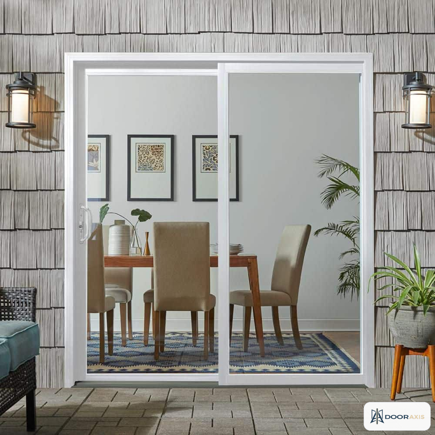 Door Axis 72 in x 80 in White Reversible Vinyl Sliding Patio Door, Low-E Insulated Glass - installed view