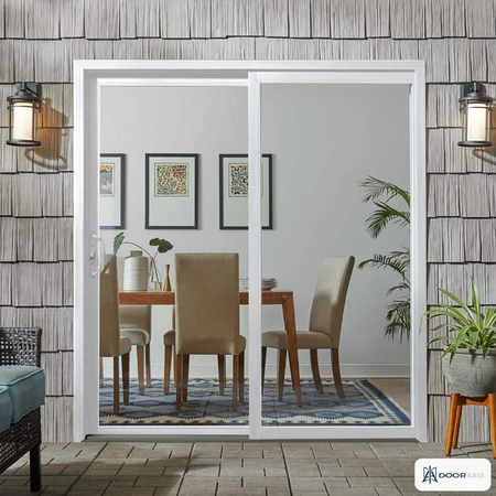 Door Axis 72 in x 80 in White Reversible Vinyl Sliding Patio Door, Low-E Insulated Glass - installed view