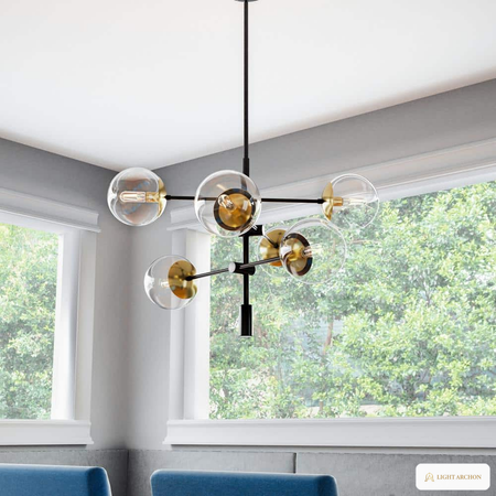 Light Archon Astra 28.5 in. 6-Light Matte Black and Gold Cluster Chandelier with Clear Glass Sphere Shades - installed view