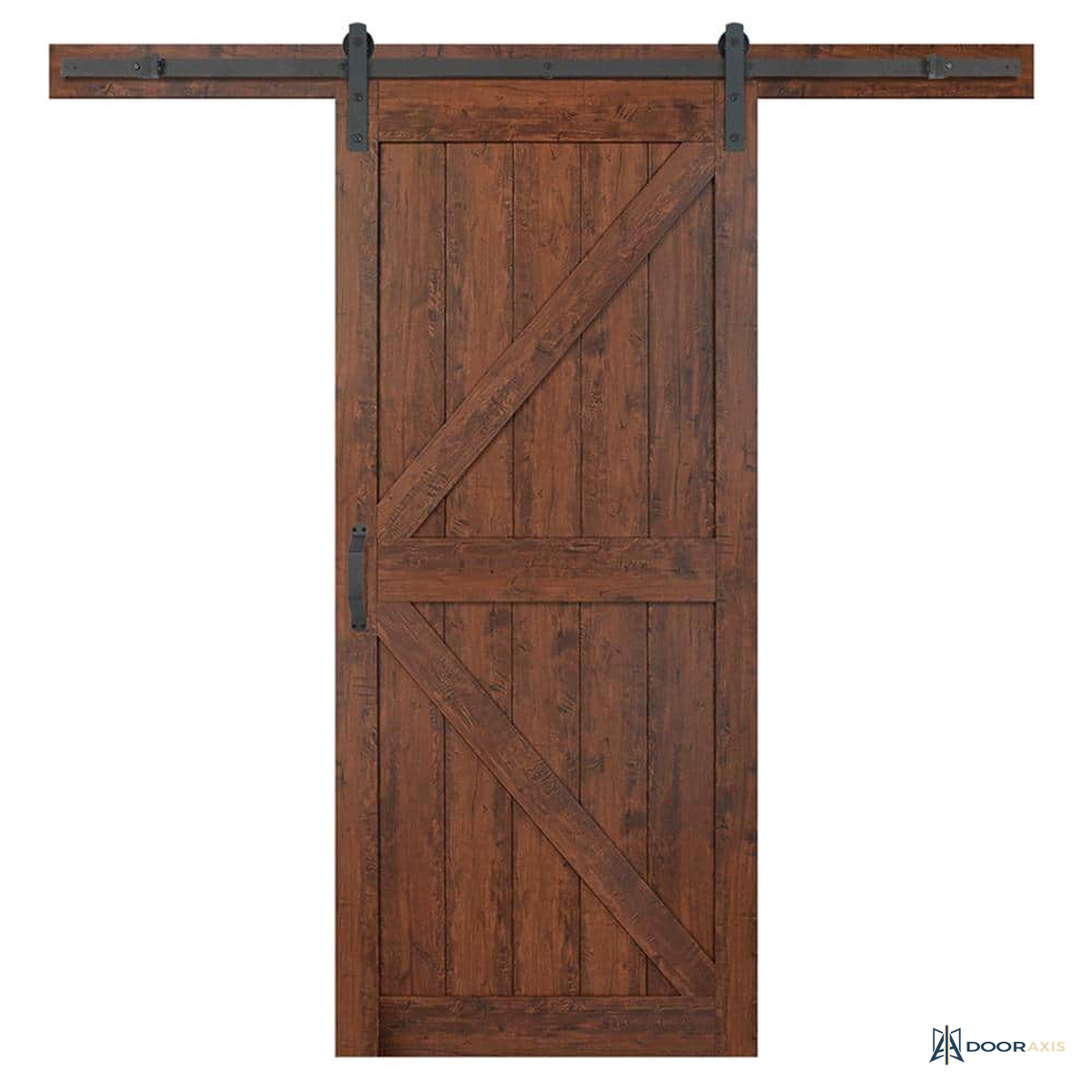 Door Axis 36 in x 84 in K-Frame Plank Knotty Pine Sliding Barn Door with Track Hardware Kit - installed view