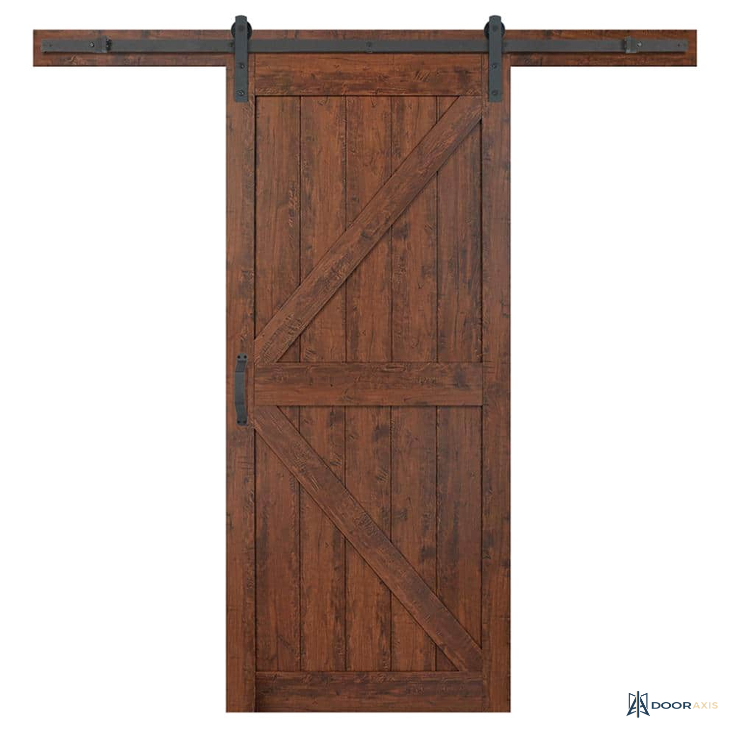 Door Axis 36 in x 84 in K-Frame Plank Knotty Pine Sliding Barn Door with Track Hardware Kit - installed view
