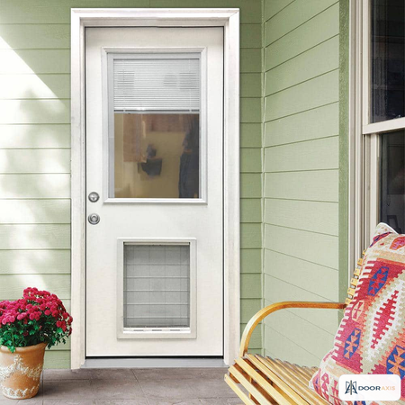 Door Axis 36 in x 80 in Half Lite Fiberglass Prehung Front Door with Extra Large Pet Door - installed view