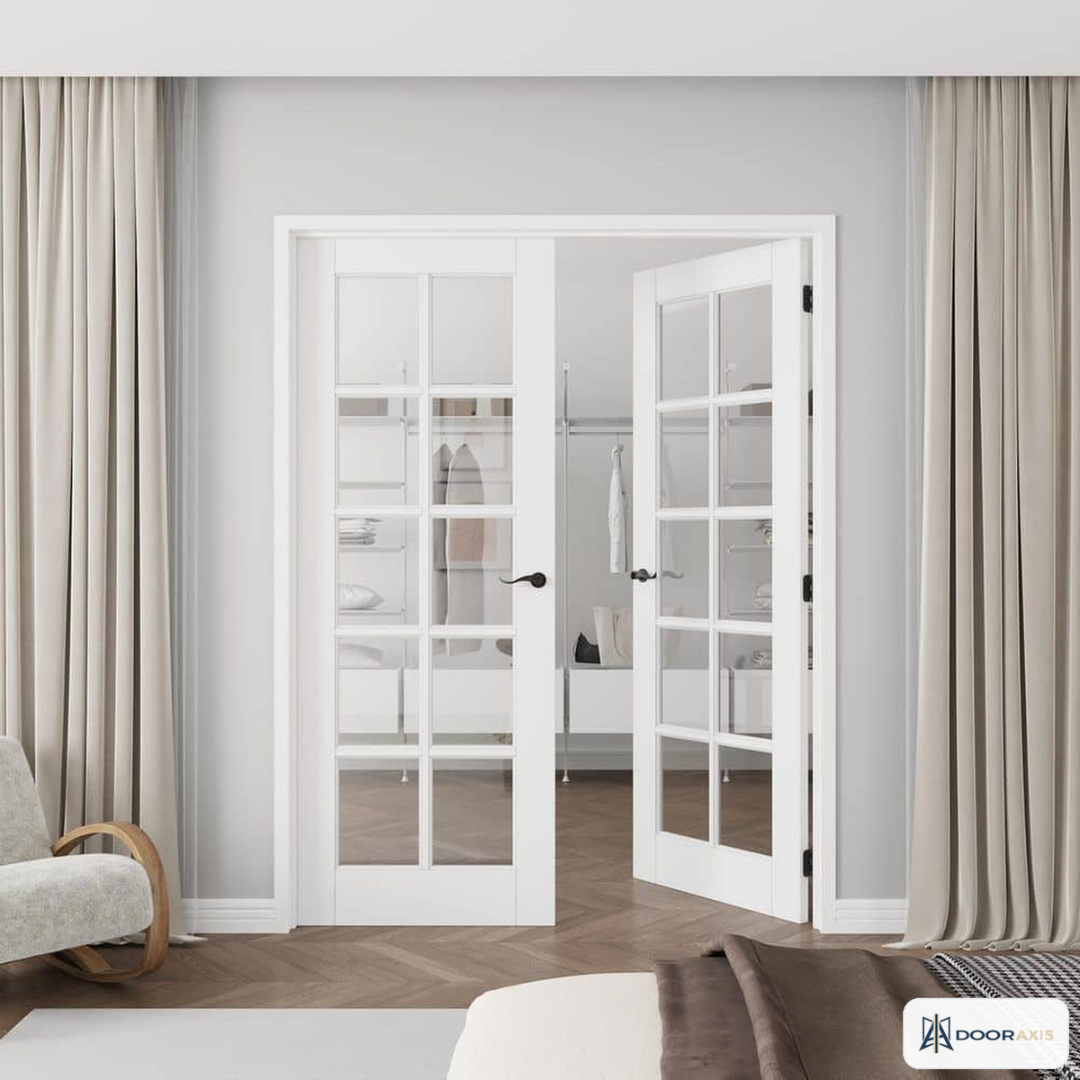 Door Axis 60 in x 80 in 10-Lite Clear Tempered Glass Solid MDF Core Double Prehung Interior French Door - installed view
