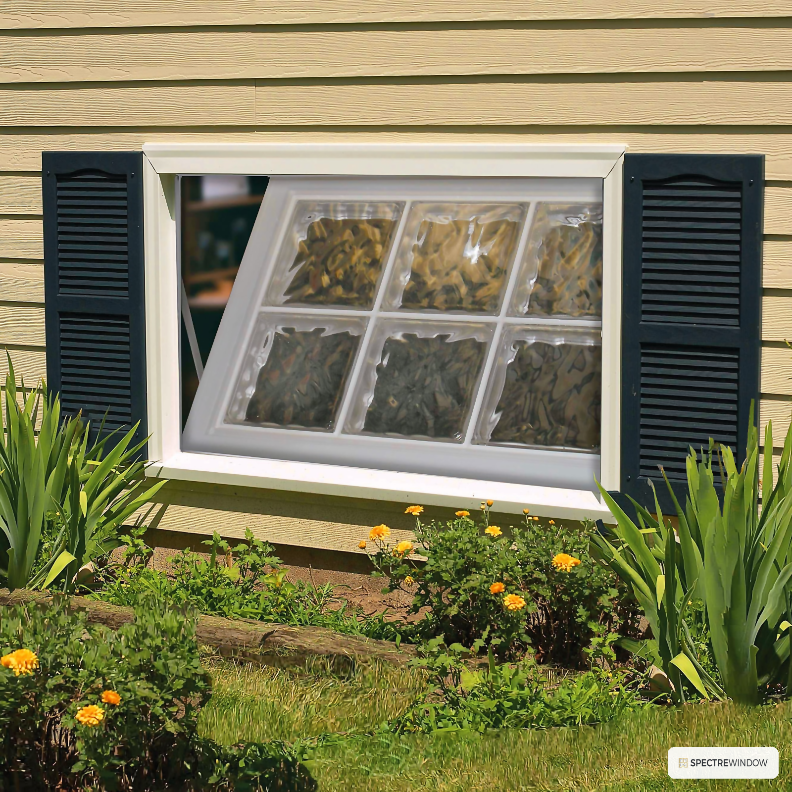 Spectre Window 29.5 in. x 17.5 in. Acrylic Block Vinyl Hopper Window, Privacy Glazing - installed view
