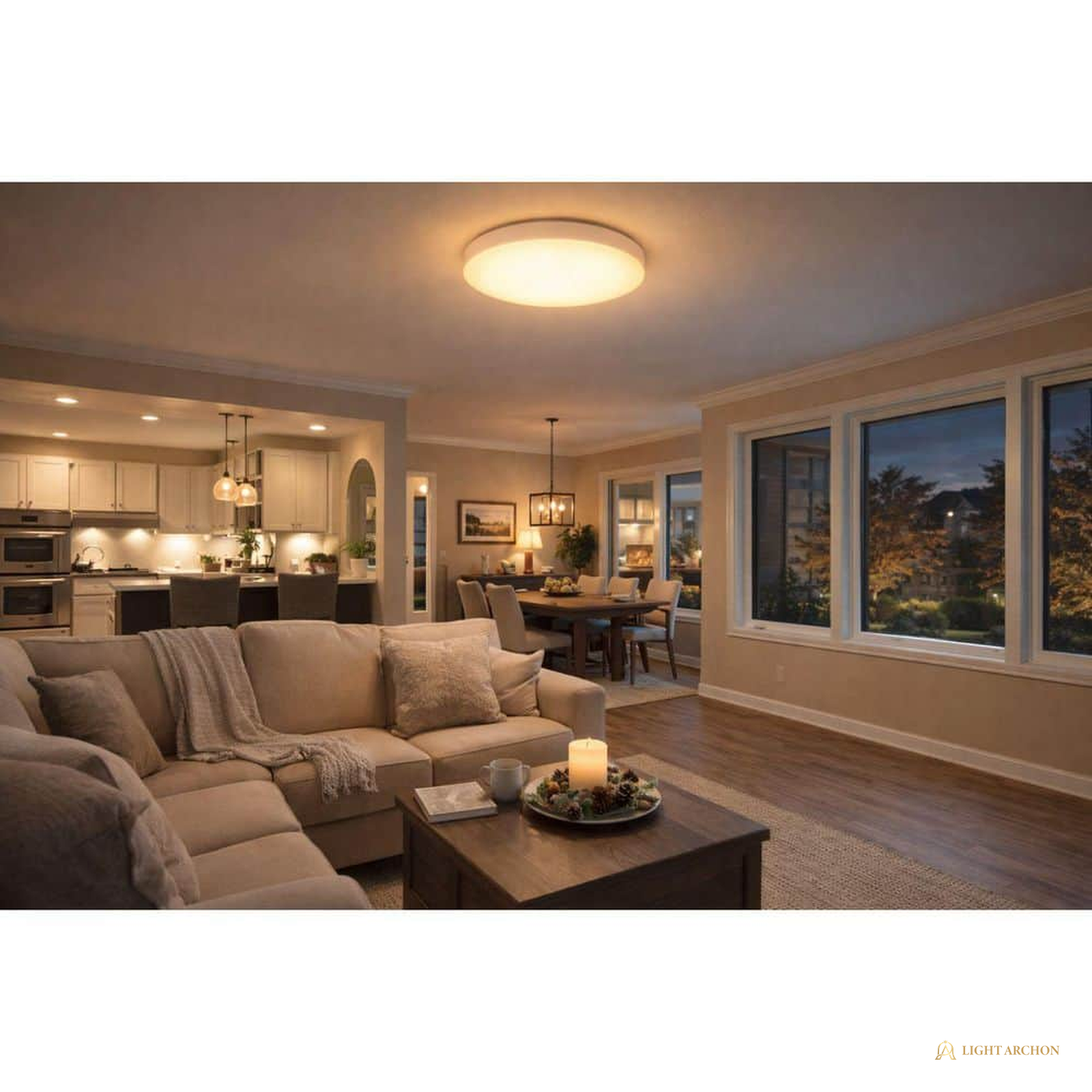 Light Archon Rondo Round LED Flush Mount, Selectable CCT and Wattage, Matte White - installed view