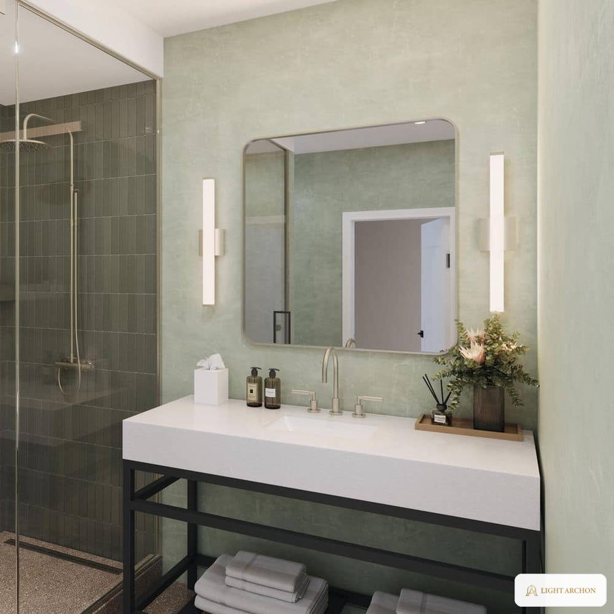 Light Archon Quanta 24 in. Selectable CCT Integrated LED Linear Vanity Light, Brushed Nickel - installed view