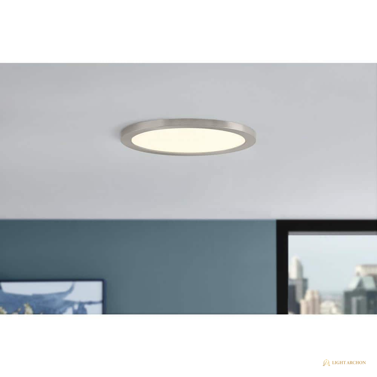 Light Archon Plana 15 in. Ultra-Low Profile Selectable CCT LED Flush Mount, Brushed Nickel, 2-Pack - installed view