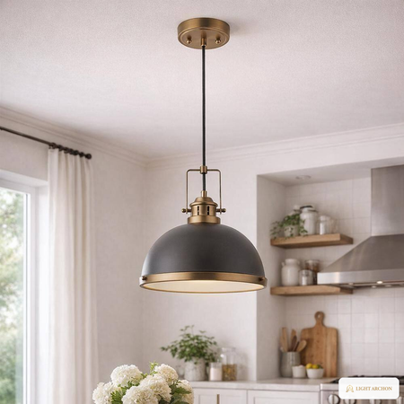 Light Archon Aria 14 in. 1-Light Black and Gold Dome Pendant with Clear Glass Shade - installed view