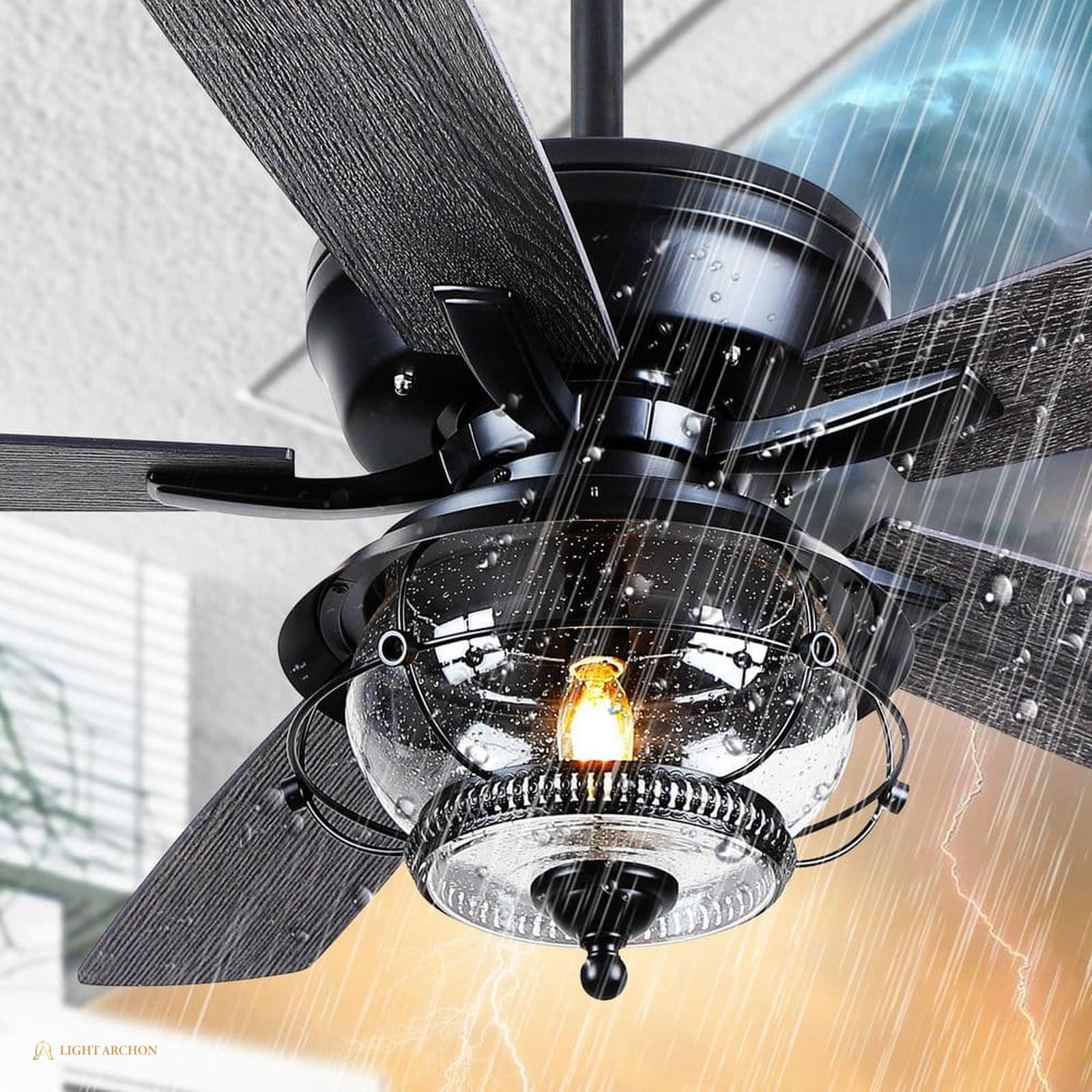 Light Archon Palmetto 52 in. Damp-Rated DC Ceiling Fan with Palm Leaf Blades, Light and Remote - installed view