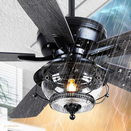 Light Archon Palmetto 52 in. Damp-Rated DC Ceiling Fan with Palm Leaf Blades, Light and Remote - installed view