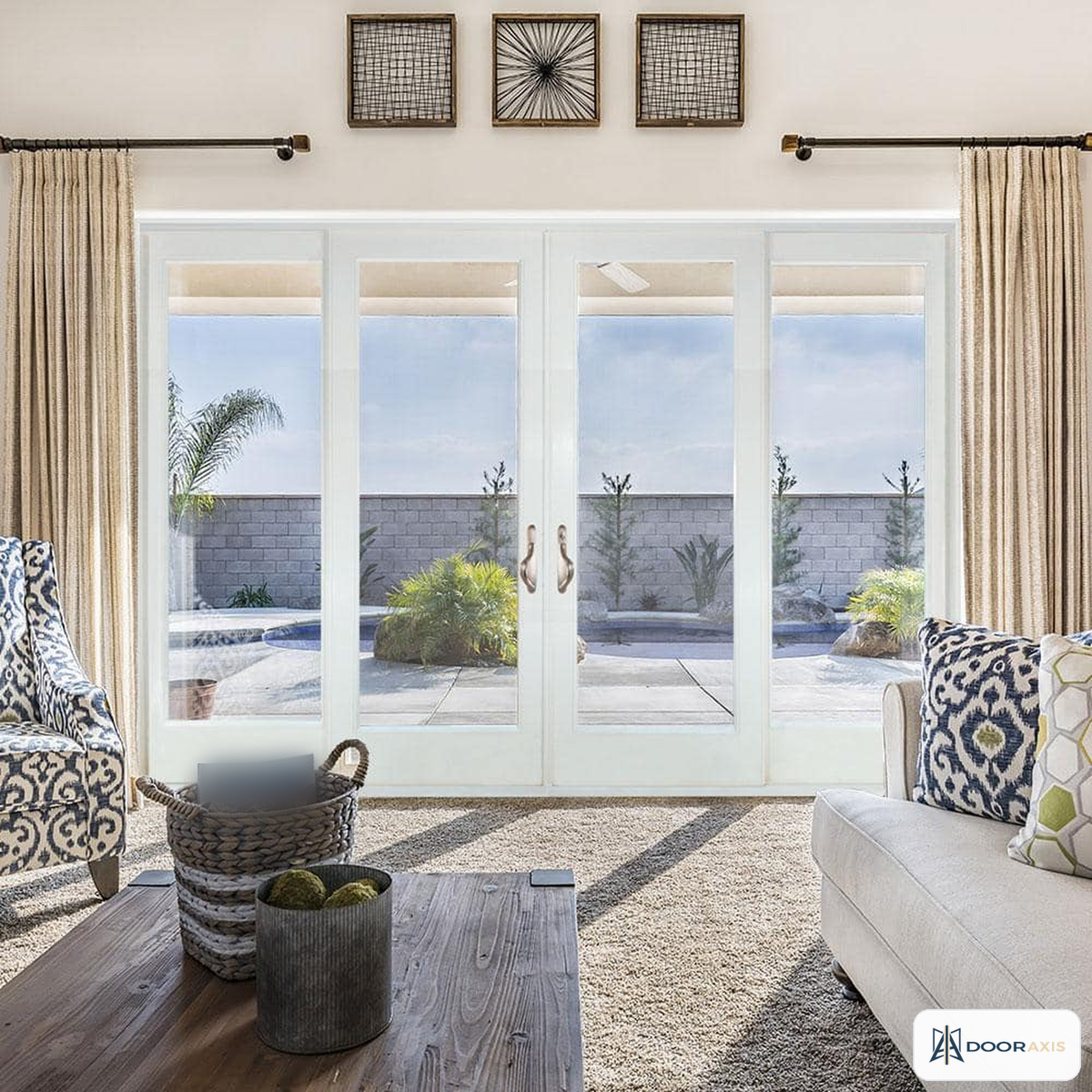 Door Axis 108 in x 80 in White Fiberglass Multi-Panel Stacking Sliding Patio Door, Low-E Argon Glass - installed view