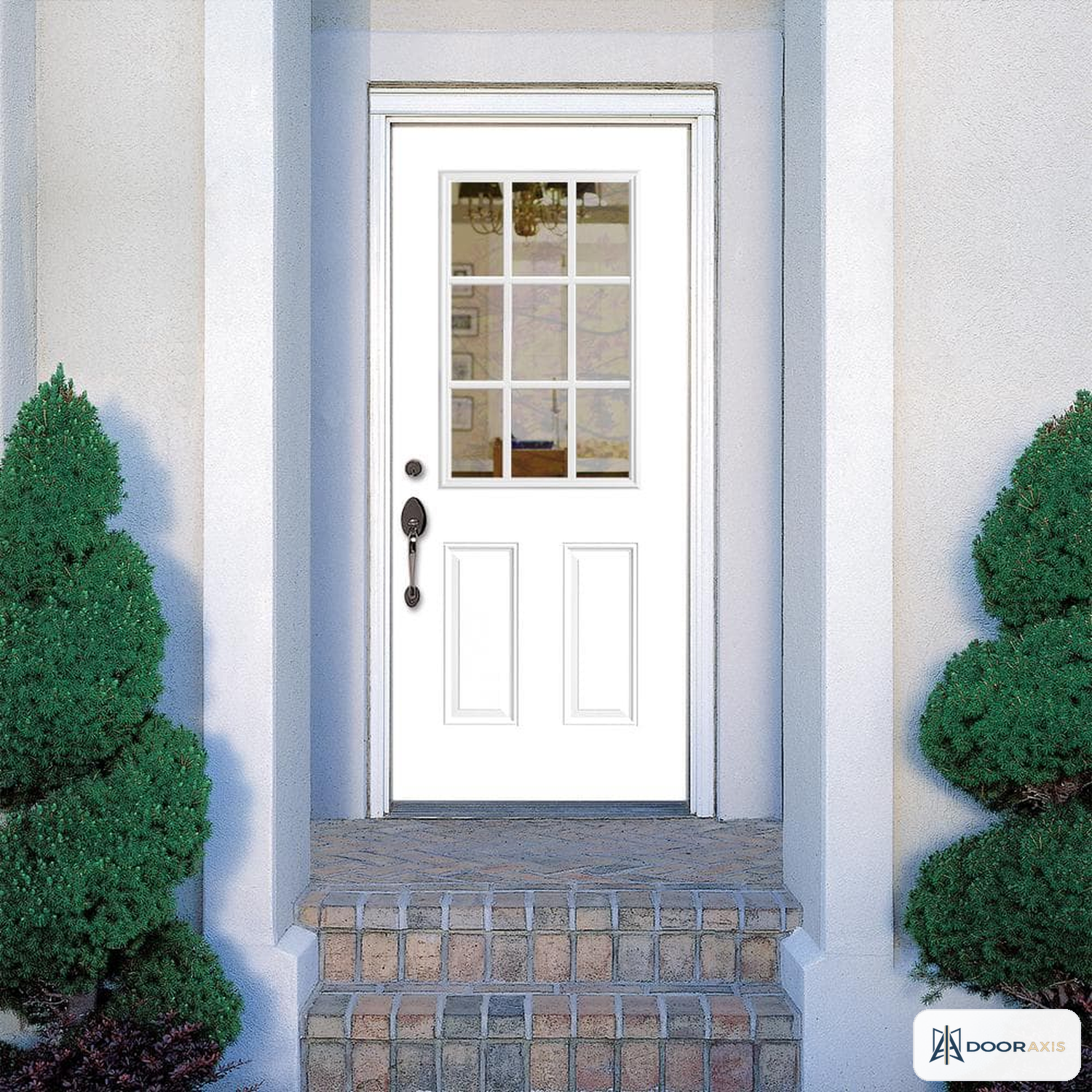 Door Axis 32 in x 80 in 9-Lite Clear Glass Fiberglass Prehung Front Door with Brickmold - installed view