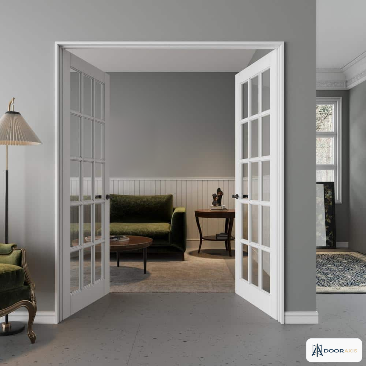 Door Axis 60 in x 80 in 15-Lite Clear Tempered Glass Solid Core Double Prehung Interior French Door - installed view