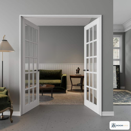 Door Axis 60 in x 80 in 15-Lite Clear Tempered Glass Solid Core Double Prehung Interior French Door - installed view