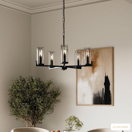 Light Archon Tivoli 25 in. 5-Light Matte Black Chandelier with Clear Glass Cylinder Shades - installed view