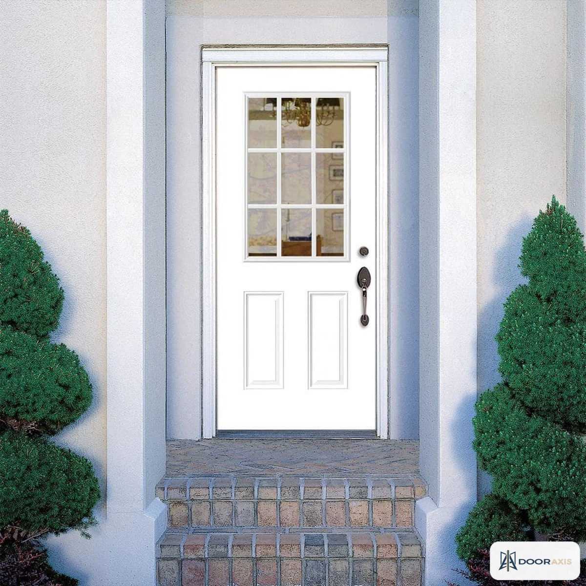 Door Axis 32 in x 80 in 9-Lite Triple Pane Clear Glass Steel Prehung Front Door with Brickmold - installed view