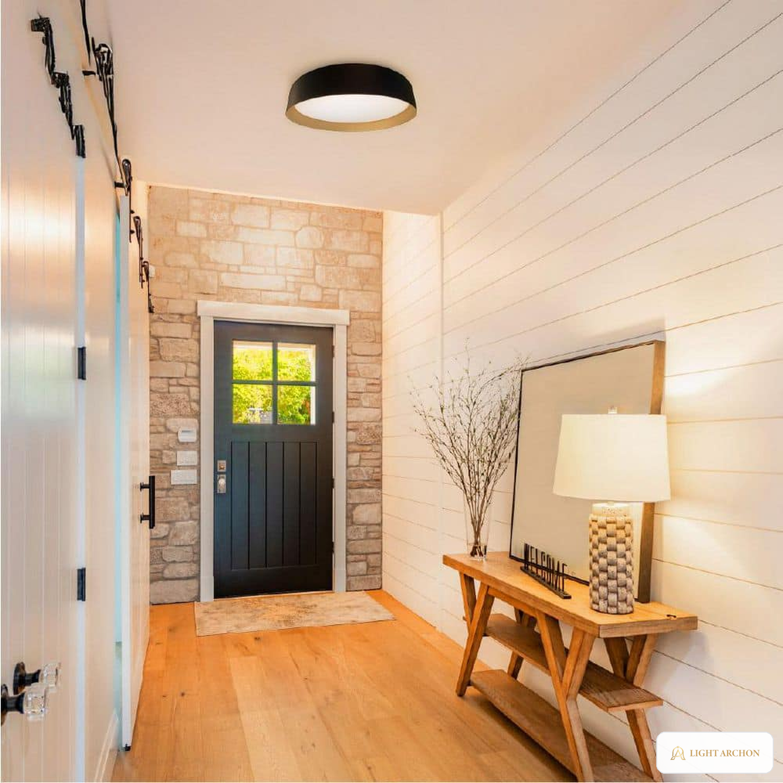 Light Archon Tambour 14 in. Drum LED Flush Mount, Black and Gold, Selectable CCT - installed view