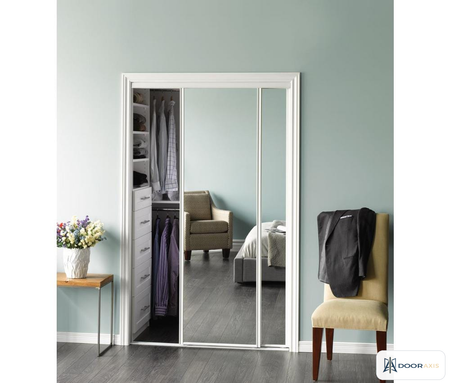 Door Axis 48 in x 80 in Framed Mirror Bypass Closet Door System, White Steel Frame - installed view