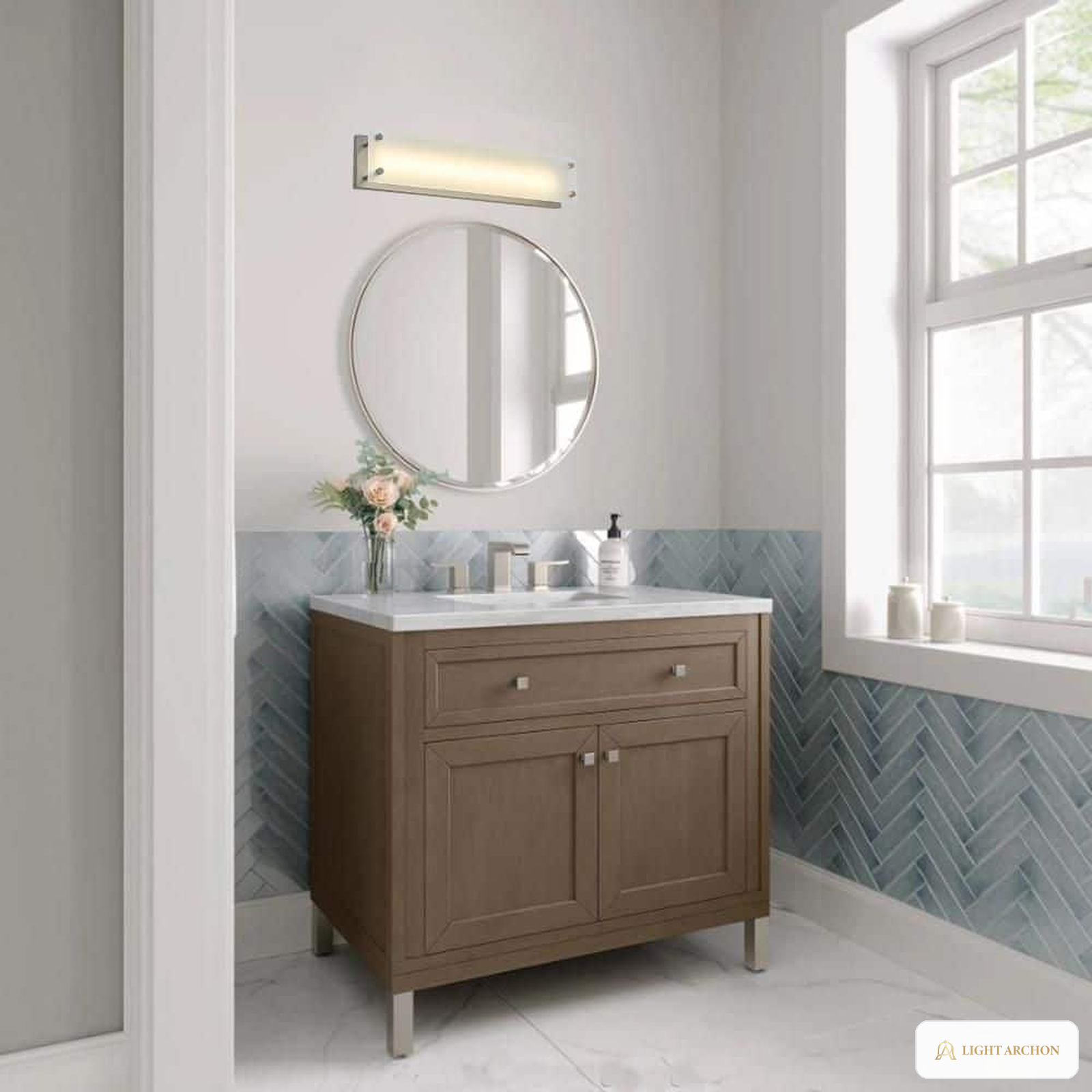Light Archon Averill 24 in. Integrated LED Vanity Light Bar with Frosted White Shade, Brushed Nickel - installed view