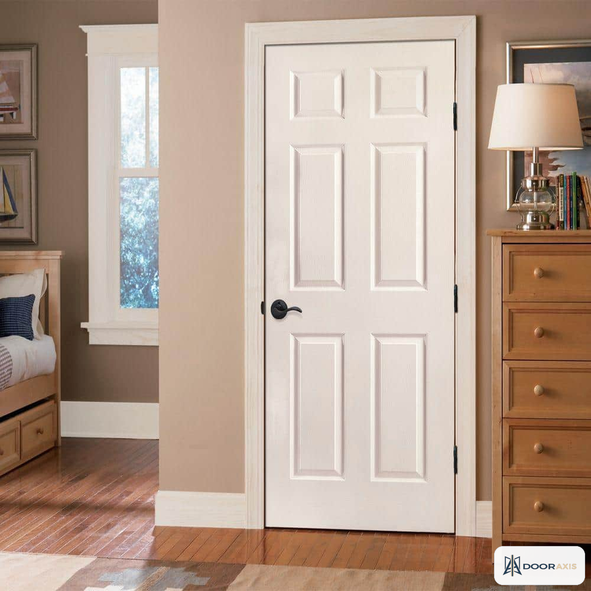 Door Axis 30 in x 80 in 6-Panel Hollow Core Composite Door Slab with Satin Nickel Hinge 3-Pack - installed view